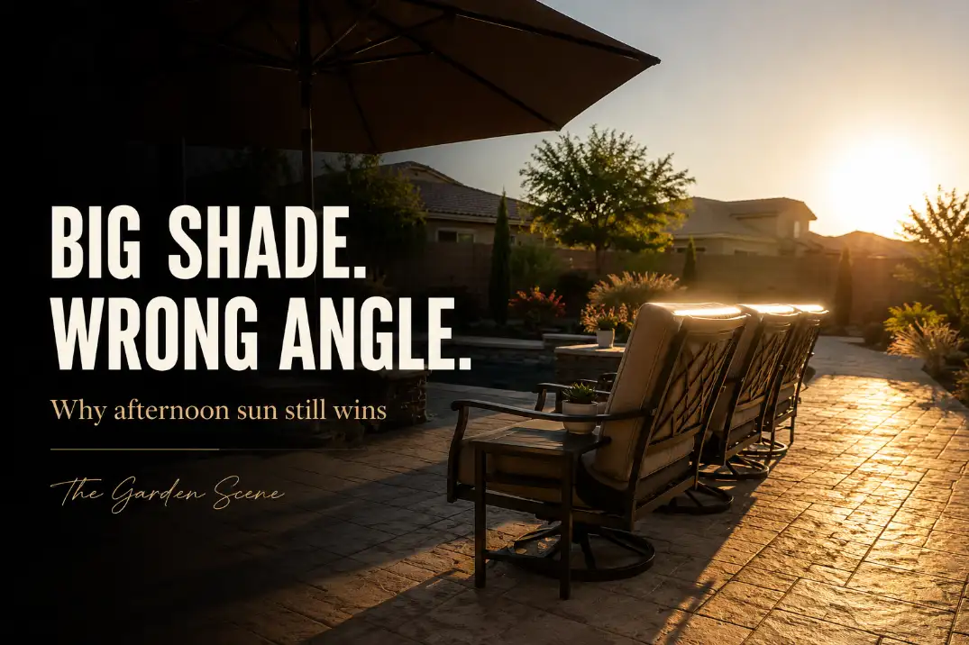 Premium editorial patio shade cover showing harsh afternoon sun missing the seating area despite a large umbrella