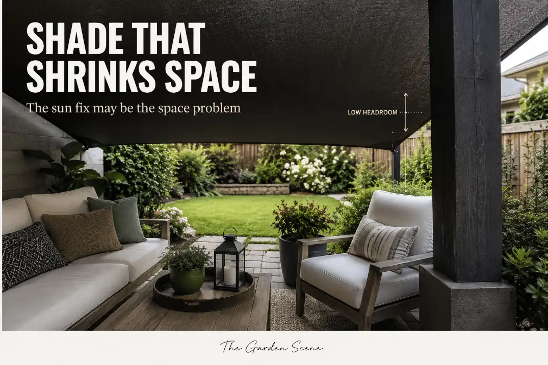 Premium editorial cover image of a small patio where a low dark shade sail visually lowers the ceiling and makes the seating area feel smaller.