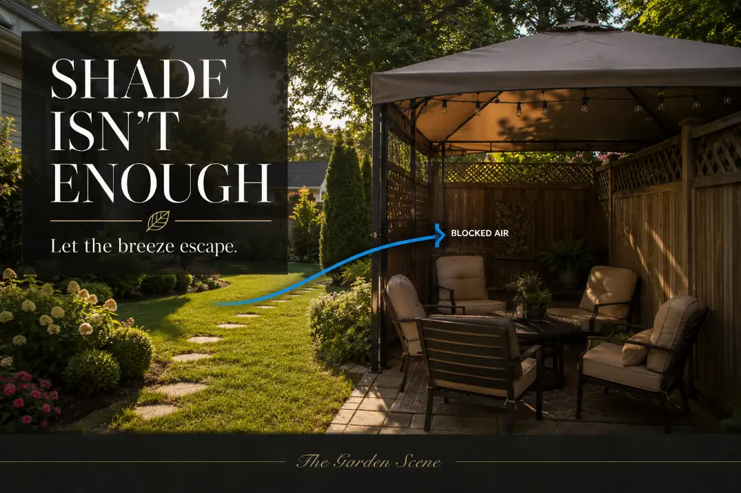 Premium backyard layout cover showing shaded patio seating trapped in a fenced corner with blocked airflow and bold text reading shade isn’t enough.