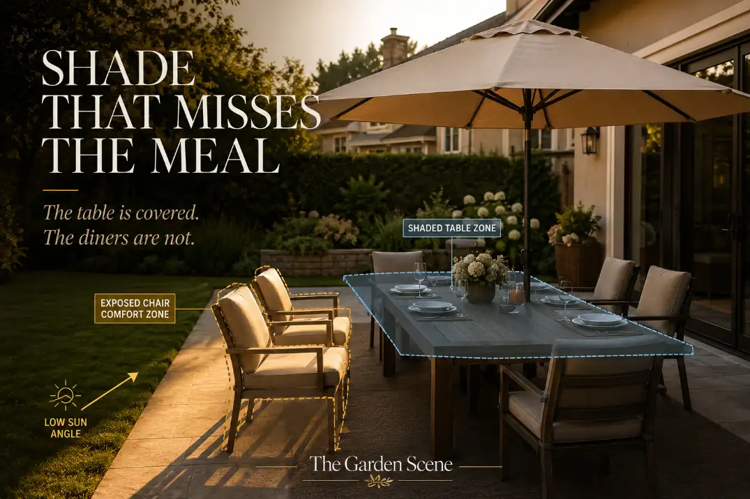 Premium editorial patio dining graphic showing umbrella shade covering the table while pulled-out chairs remain exposed to afternoon sun.