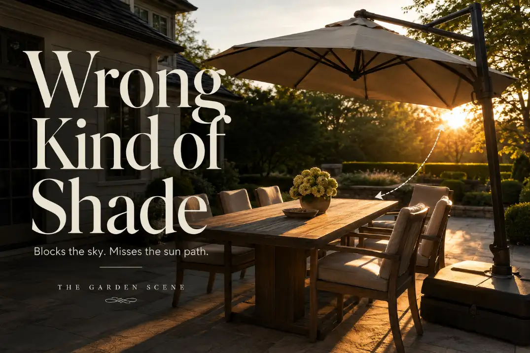 Premium editorial cover showing a patio umbrella failing to shade an outdoor dining table during low afternoon sun with The Garden Scene signature