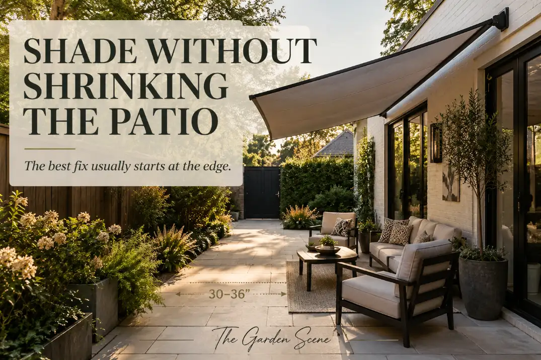 Small patio with edge-mounted shade and bold text explaining how to add shade without shrinking the open walking path