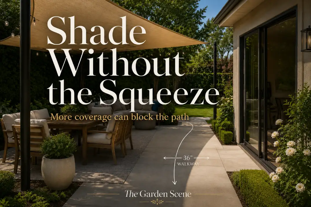 Premium patio shade cover showing shaded dining area, clear walkway, and text explaining shade without blocking movement