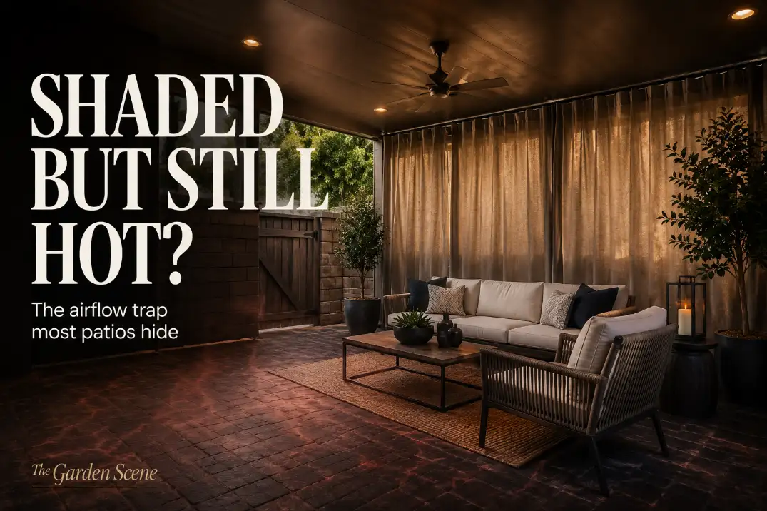 Premium editorial cover image of a shaded covered patio that still feels hot because airflow is blocked and heat is trapped under the roof.