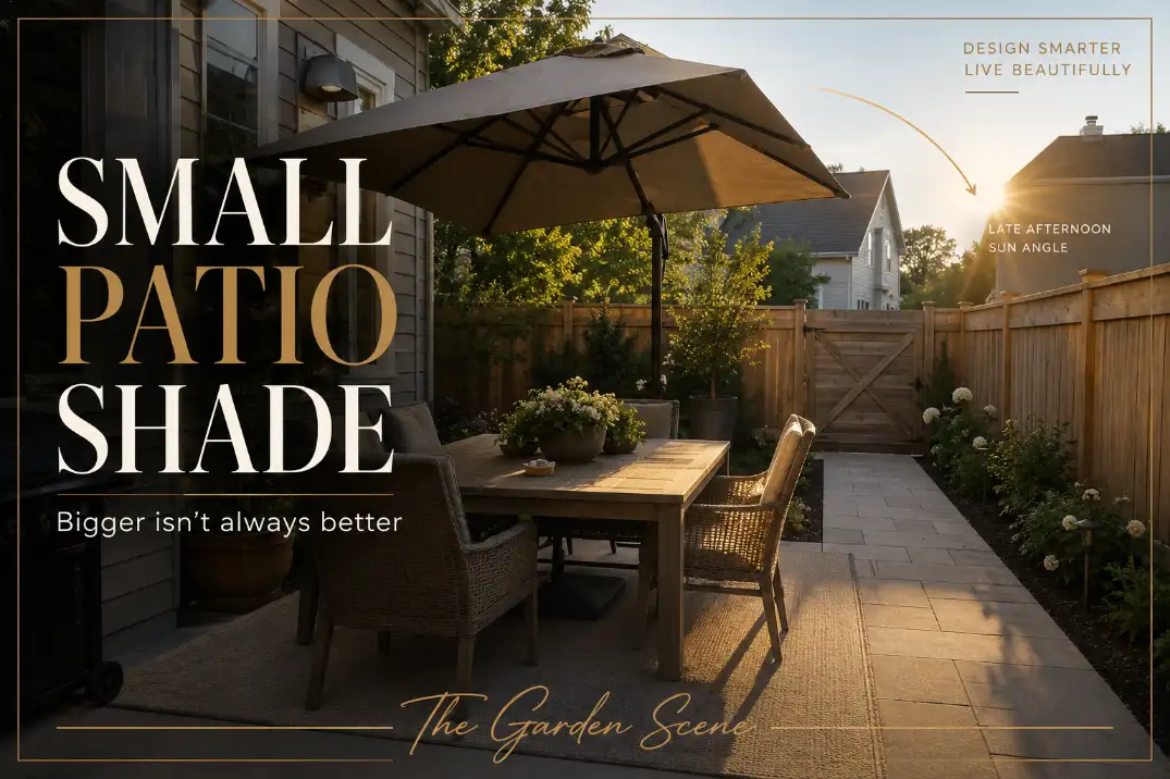 Premium cover image showing a small backyard patio umbrella with low afternoon sun hitting one chair and text explaining that bigger shade is not always better