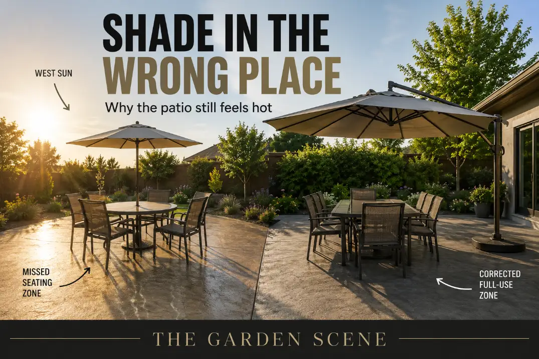 Premium comparison graphic showing backyard patio shade in the wrong place, with umbrella shadow missing chairs in hot afternoon sun.