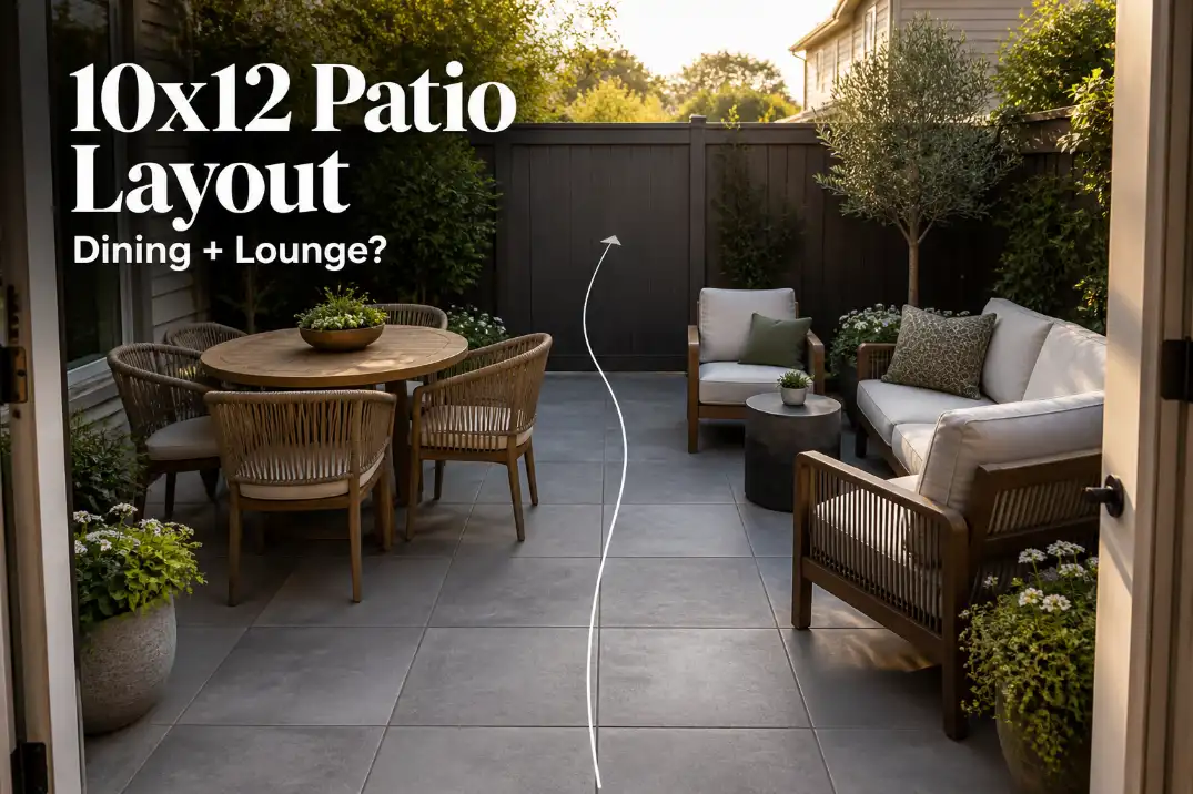 10x12 patio layout with dining and lounge seating arranged around a clear center walking path.