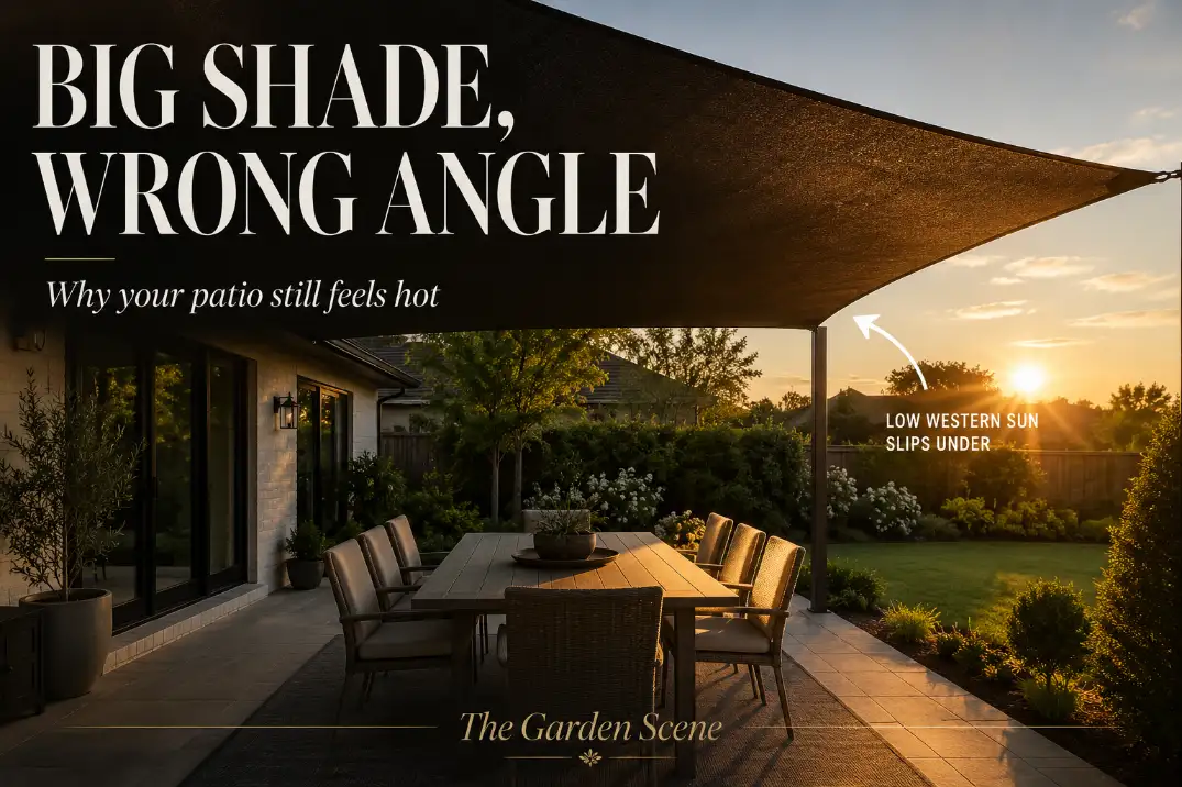 image showing a shade sail over a hot patio where low afternoon sun still reaches the seating area, with text reading Big Shade, Wrong Angle.