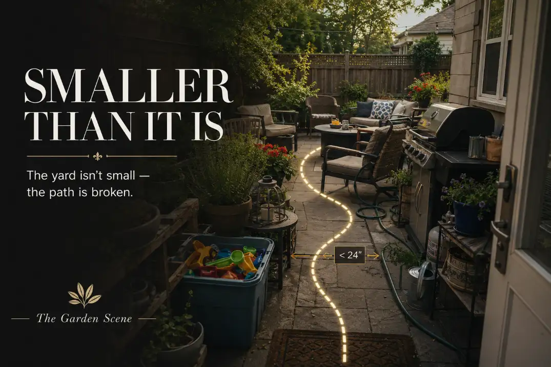 Cluttered backyard patio with broken walking path, bold text explaining how clutter makes the outdoor space feel smaller.