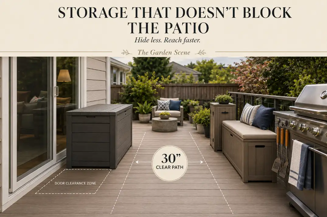 Patio with an oversized storage box blocking the walkway and a better edge-storage setup keeping a 30-inch path clear.