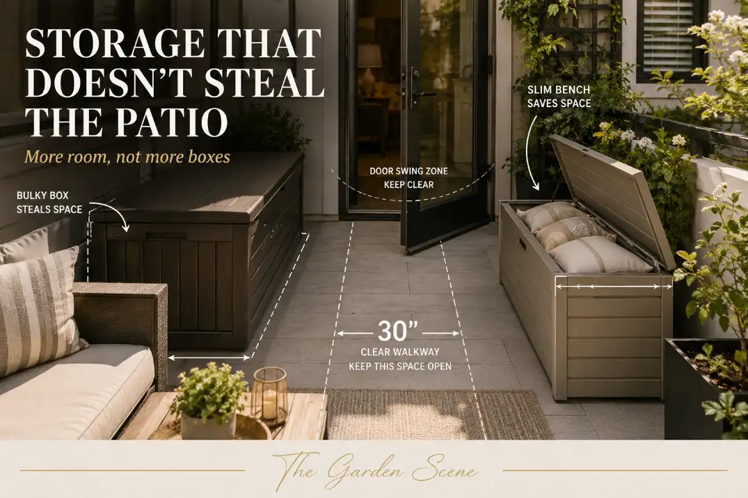 Small patio showing an oversized deck box blocking the walkway beside a slimmer storage bench with bold text about storage that does not steal patio space.