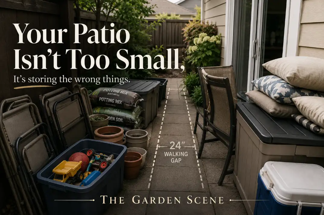 Small backyard patio crowded with storage items blocking seating space, walking clearance, and the sliding door path.