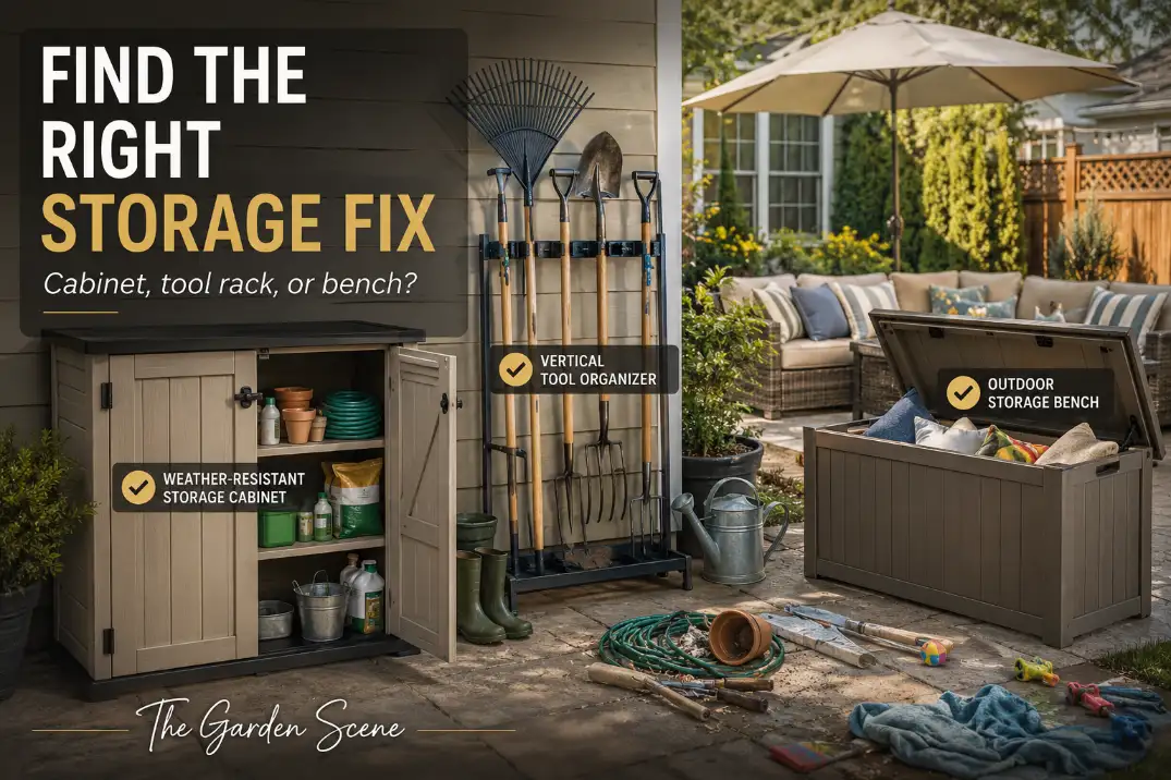 Backyard storage cabinet, tool organizer, and storage bench arranged beside a patio.
