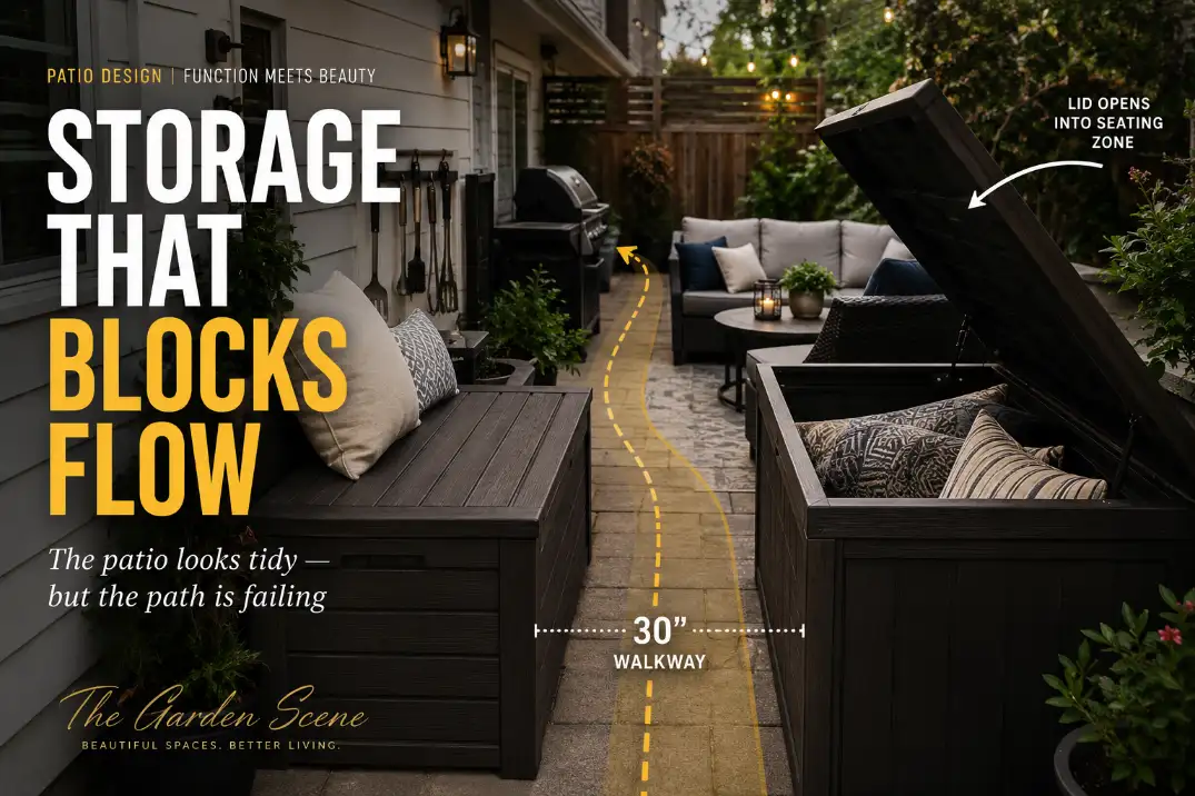 Backyard patio storage blocking the walking path and making a tidy patio hard to use