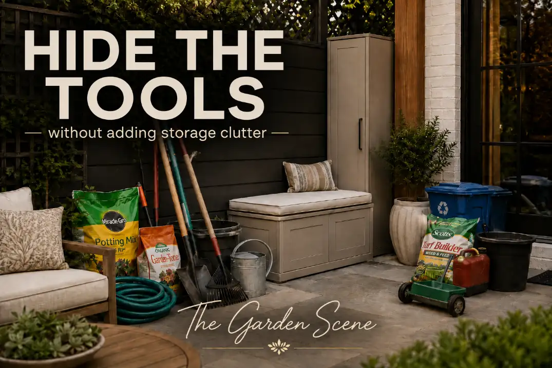 Backyard tools, hose, and supply bags creating visual clutter beside a clean storage bench and vertical cabinet.