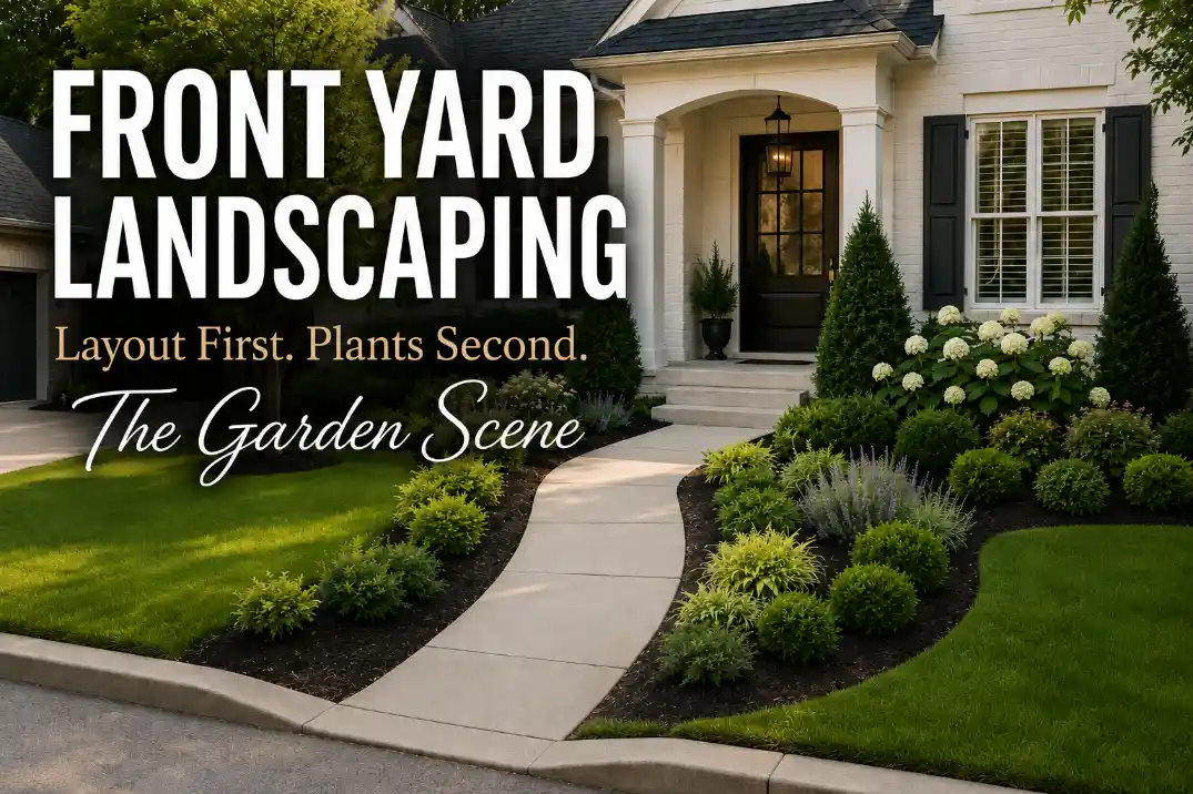 Front yard landscaping layout with a clear walkway, layered planting beds, clean edges, and entry-focused curb appeal.