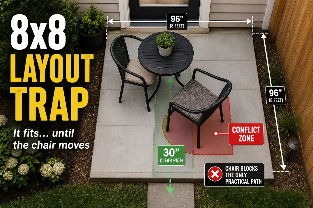 8x8 patio furniture layout showing a bistro set that fits until a pulled-out chair blocks the 30-inch walking path.