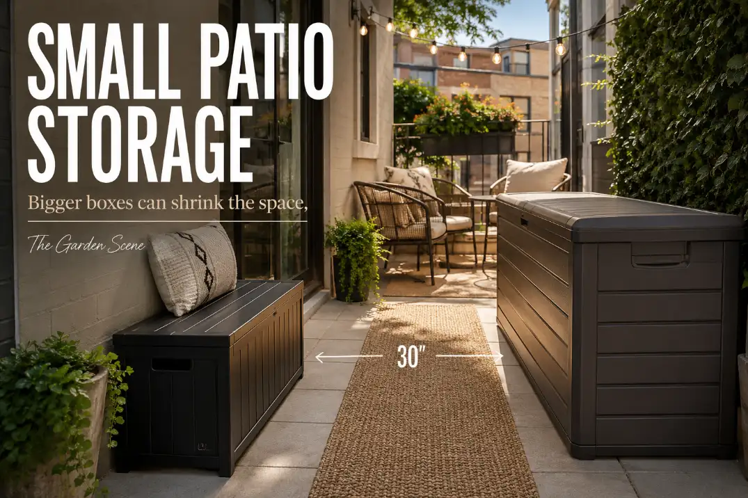 Premium small patio storage cover showing a slim storage bench preserving walkway space while an oversized deck box crowds the layout.