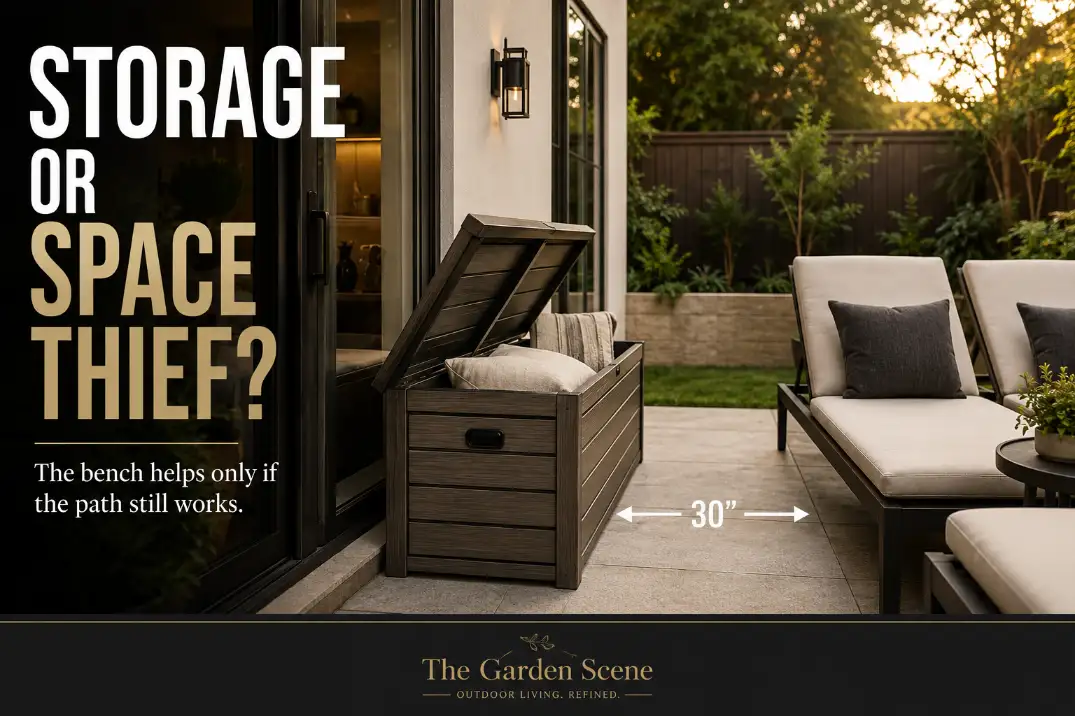 Outdoor storage bench blocking a small patio walkway with premium text showing the storage versus space conflict