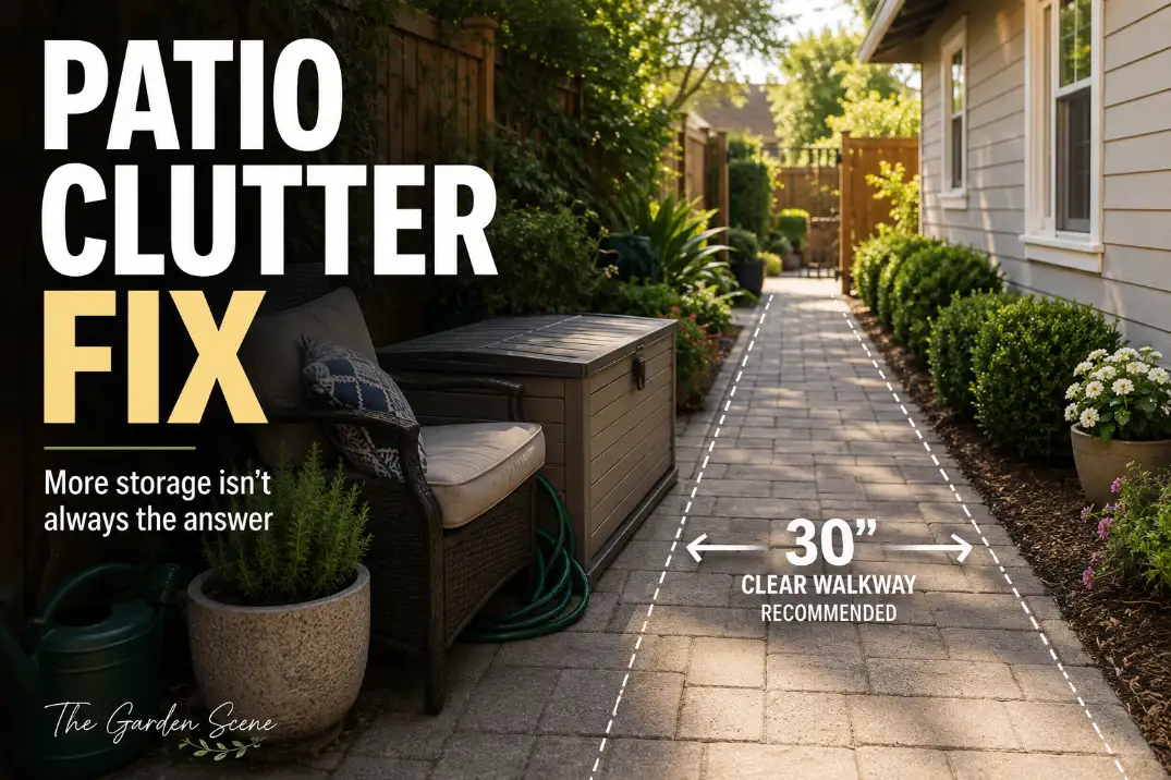 Small patio with cluttered storage blocking the walkway and an overlay showing how patio flow reduces clutter.
