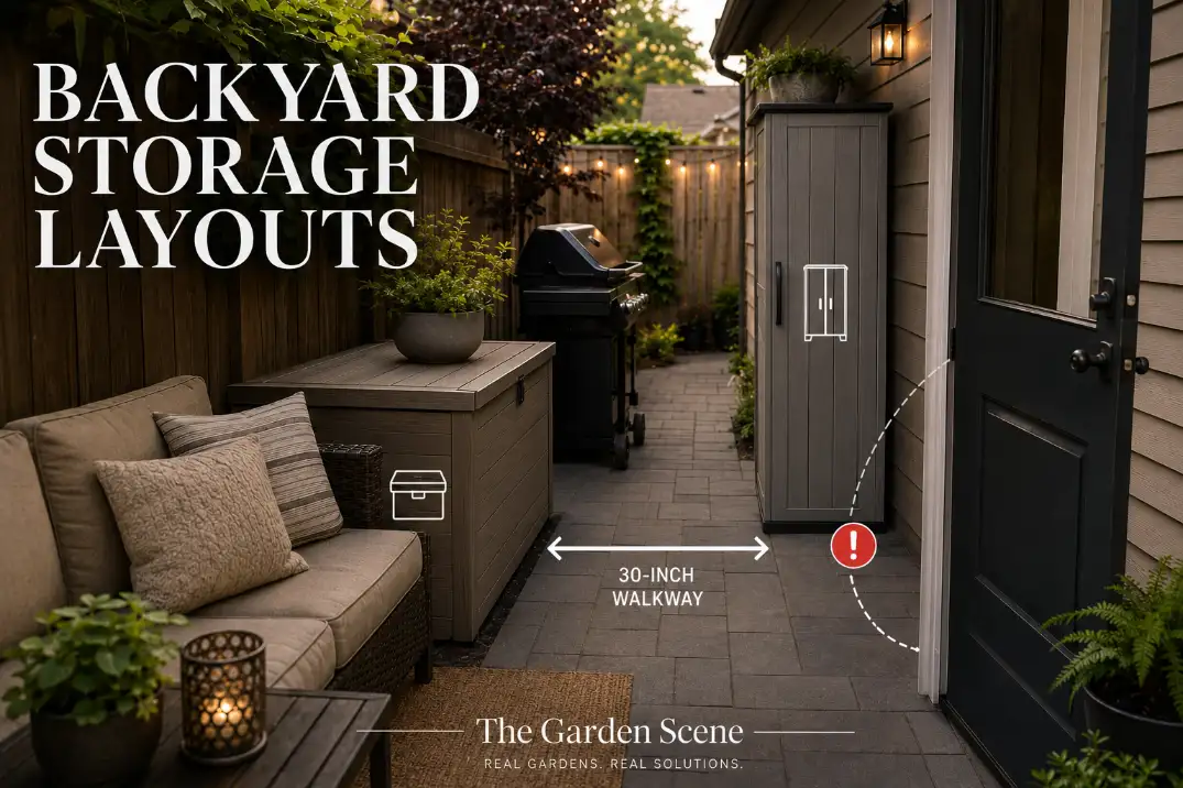 Small backyard storage layout showing a deck box and cabinet placed around a narrow patio walkway.