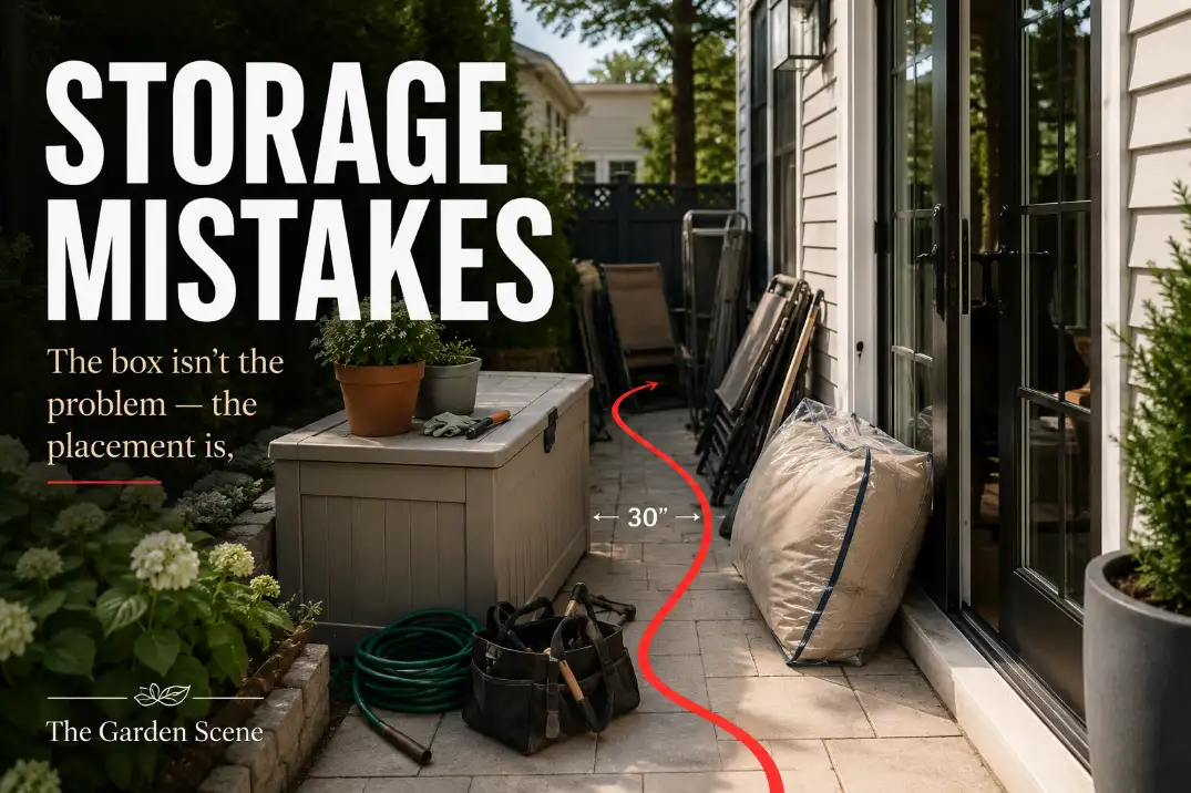 Small backyard patio with outdoor storage blocking the main walking path.