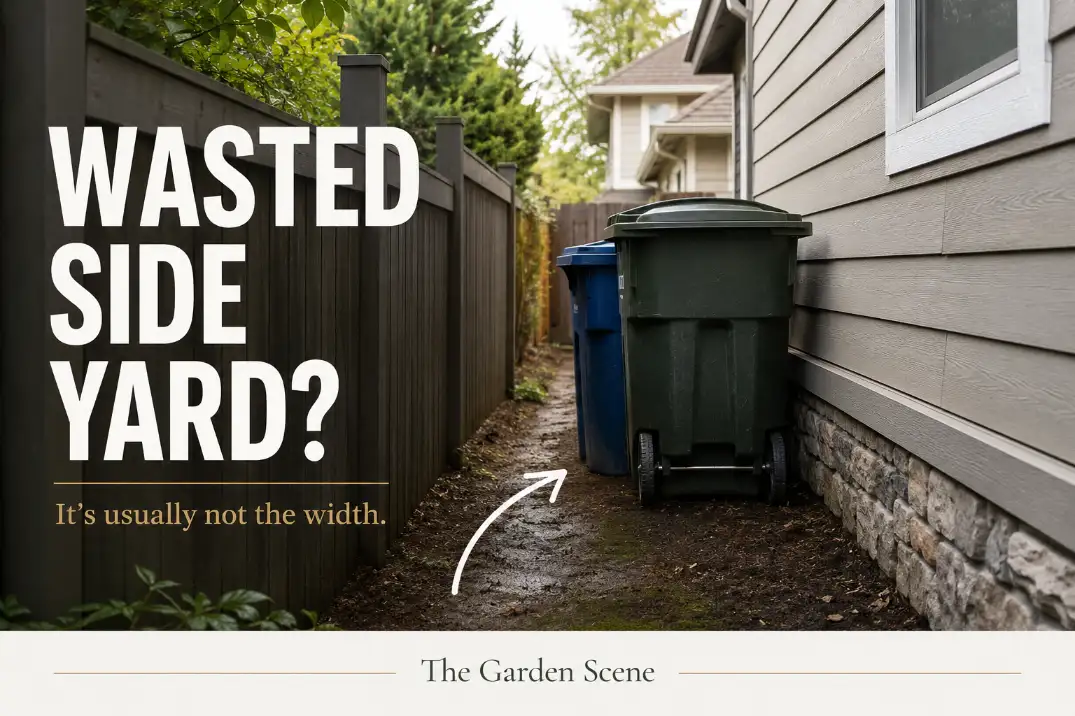 Narrow side yard with trash bins, damp patchy ground, and a blocked walking path beside a house.