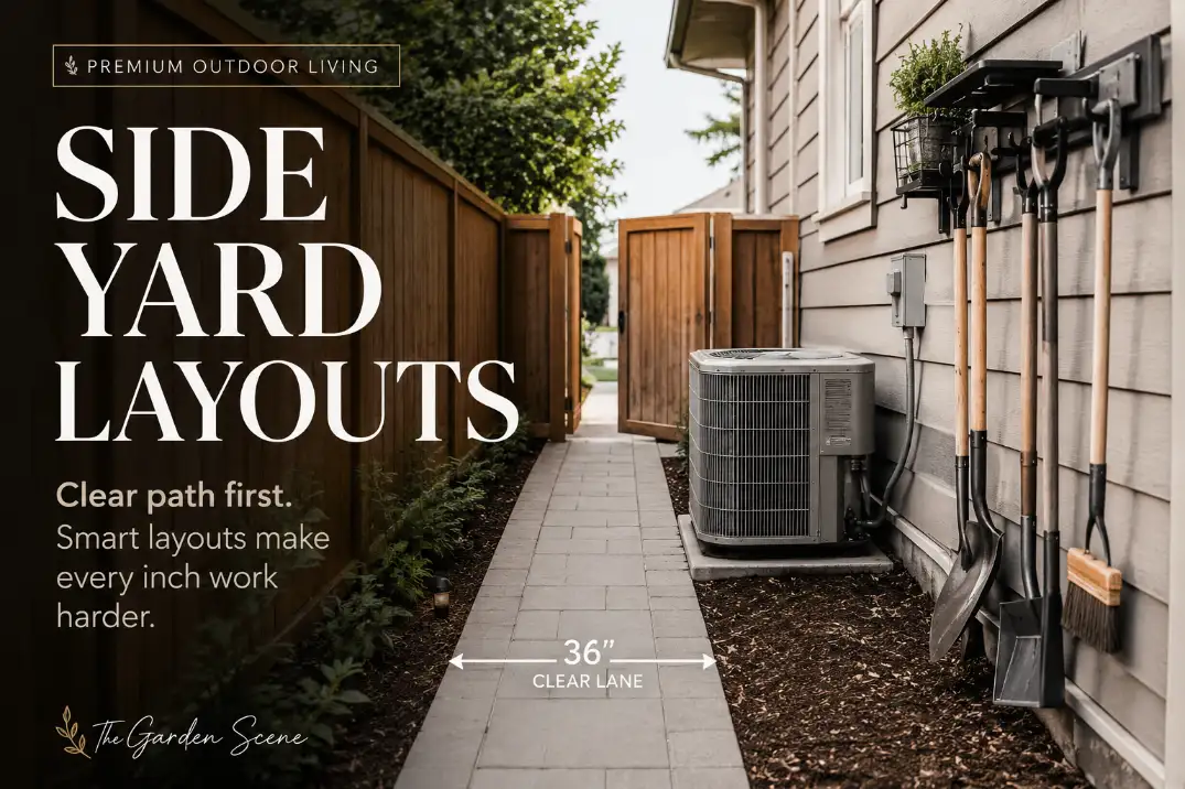 Narrow side yard layout with a clear 36-inch access path, wall storage, accessible AC unit, and premium layout overlay.