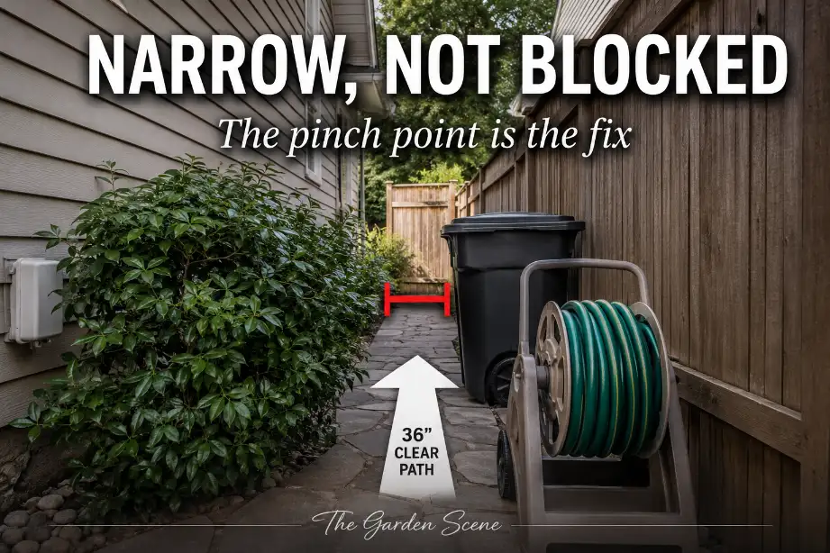 Narrow side yard walkway with shrubs, hose reel, and trash bin creating a tight pinch point in the walking path.