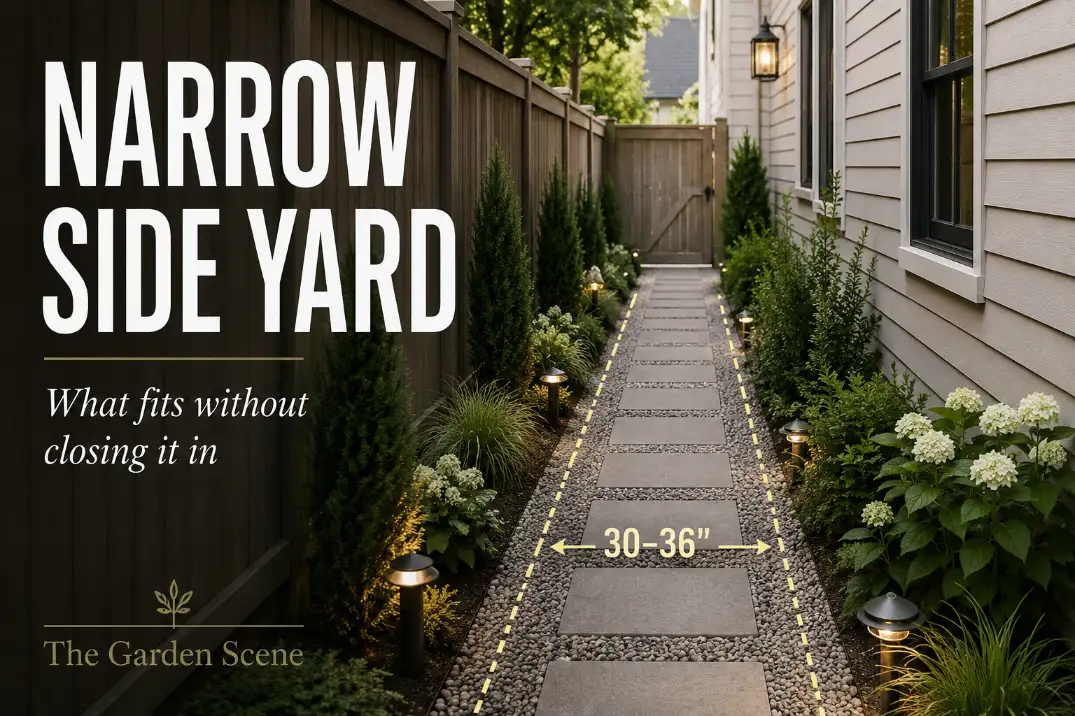 Narrow side yard with compact plants, gravel and paver walkway, and a clear walking zone that stays usable.