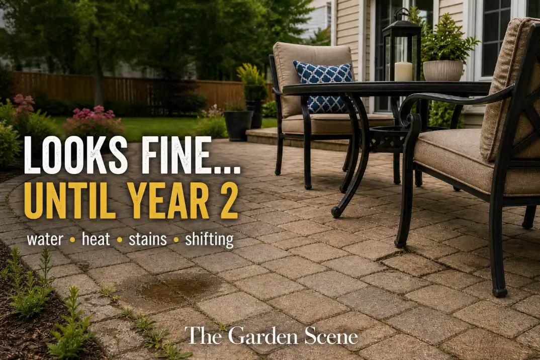 Aging backyard paver patio with damp low spot, stained joints, weeds, and cover text saying looks fine until year 2.