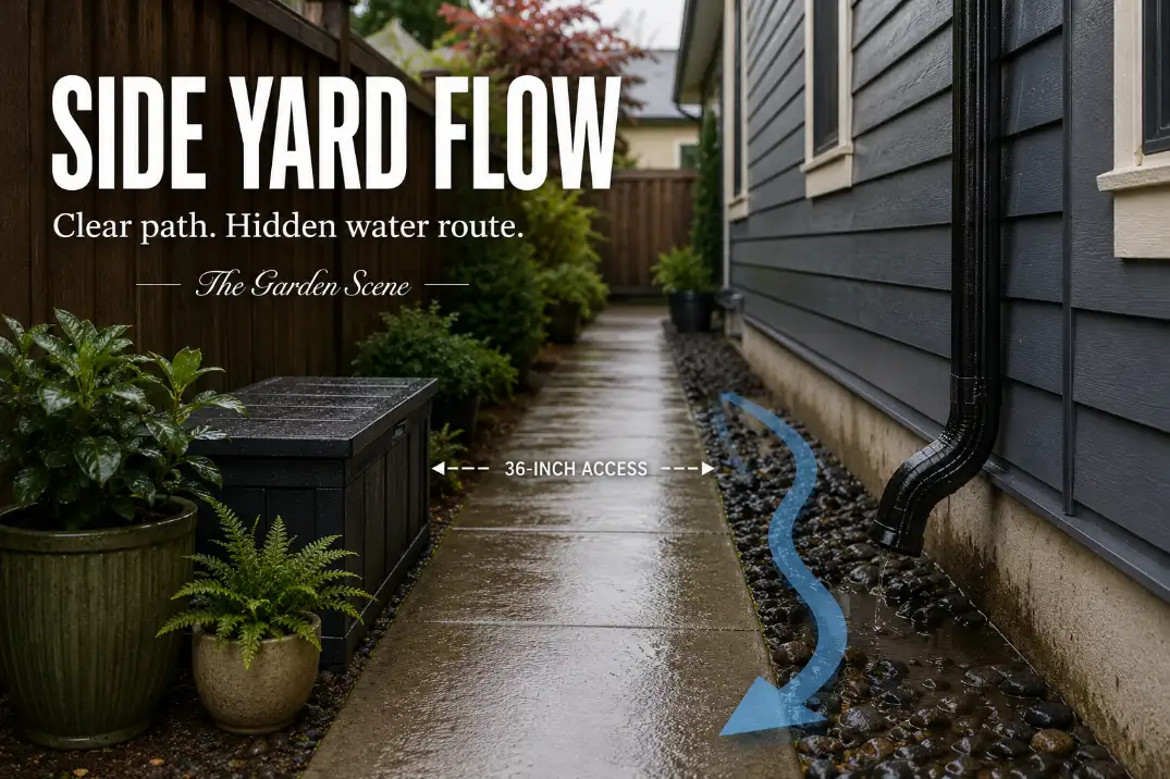 Narrow side yard with a partially blocked walkway and water pooling near the foundation, showing the need to keep drainage and access open.