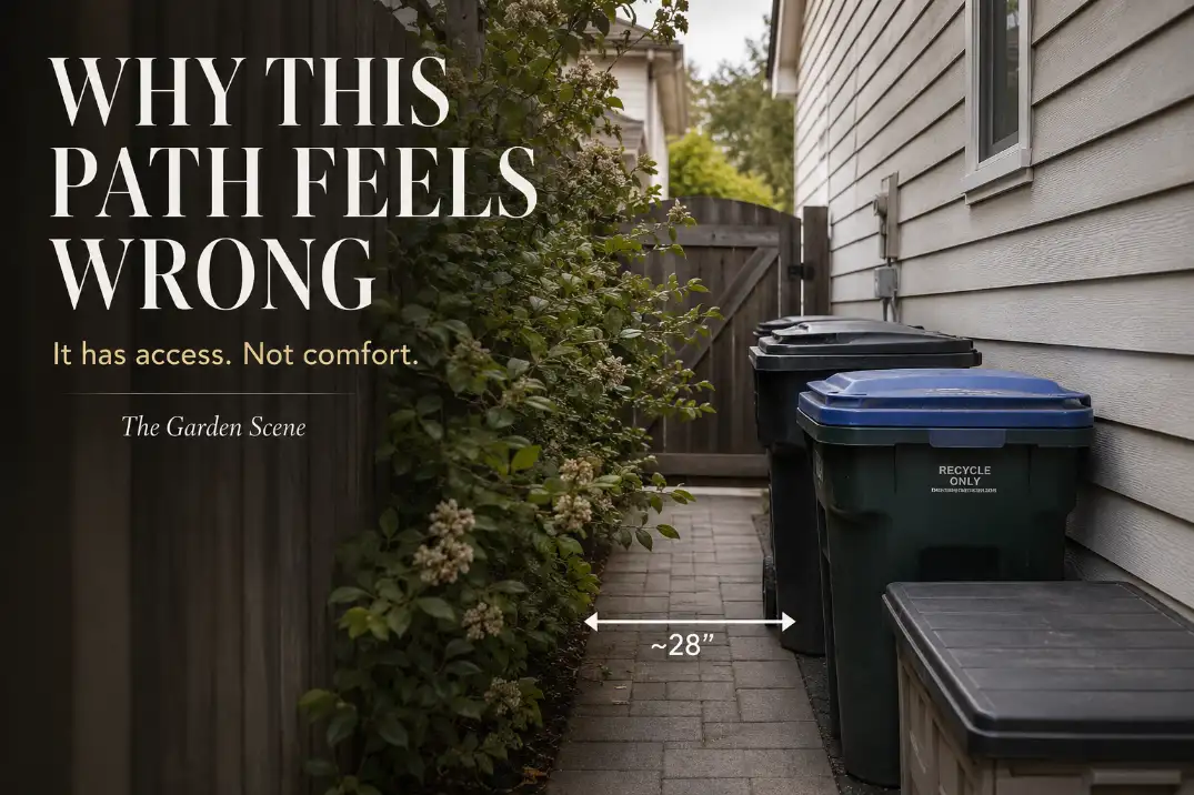 Narrow side yard path with plants, bins, and a gate pinch point making the walkway feel uncomfortable despite looking finished.
