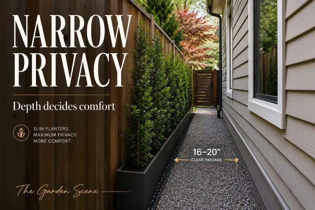 Narrow side yard with a slim planter privacy screen preserving walkway clearance while adding privacy along the fence.