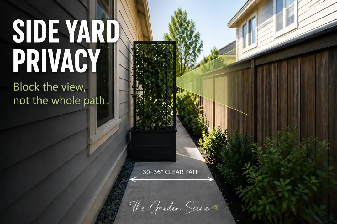 Narrow side yard privacy idea showing a slim planter screen blocking one exposed sightline while keeping the walkway open.