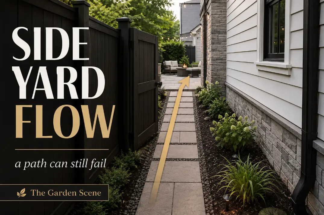Narrow side yard path between front yard and backyard showing a finished walkway that still feels disconnected.
