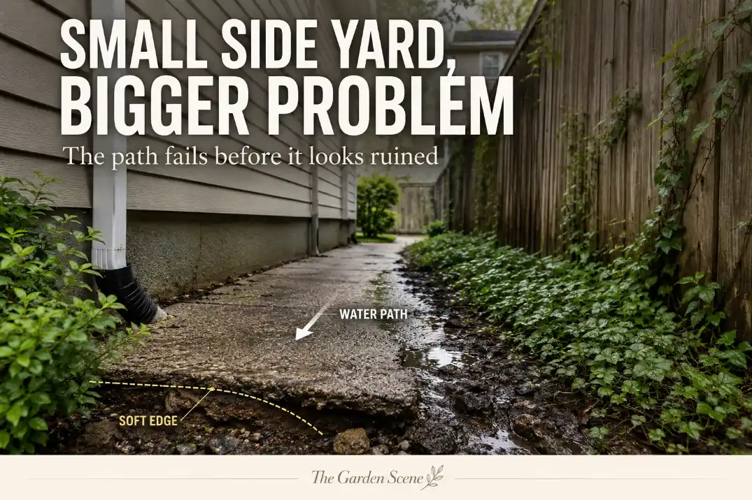 Narrow side yard with a sinking walkway edge, wet soil, and plants crowding the walking path as small problems worsen over time.