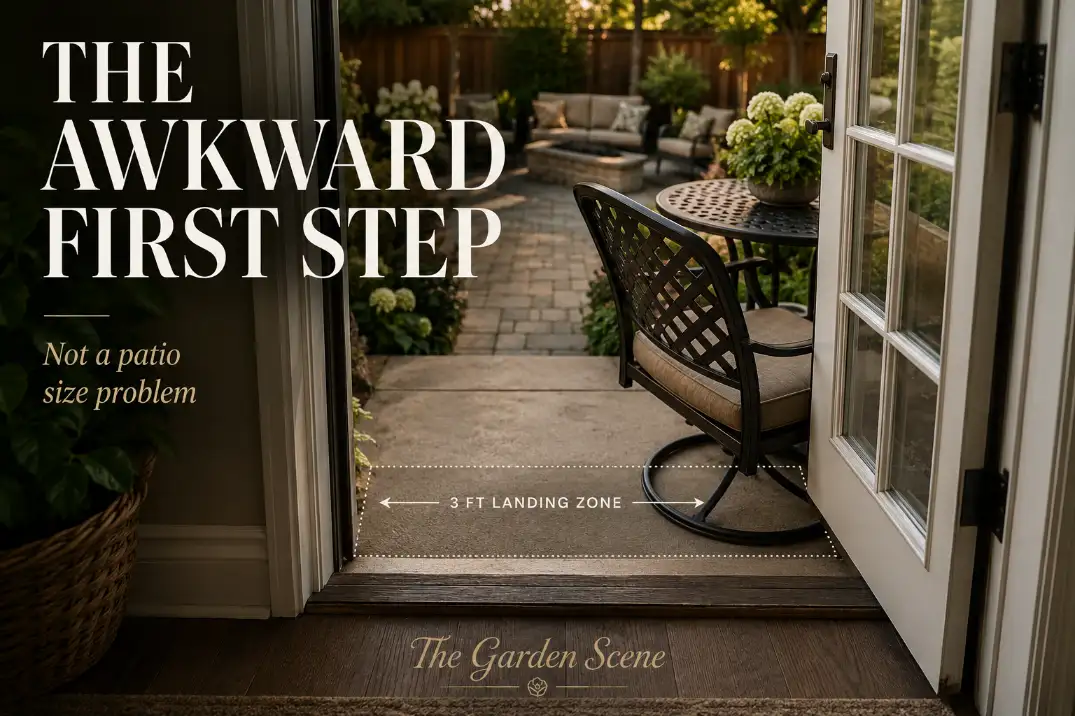 Back door to patio transition with an awkward first step, cramped landing zone, and patio chair crowding the door swing.