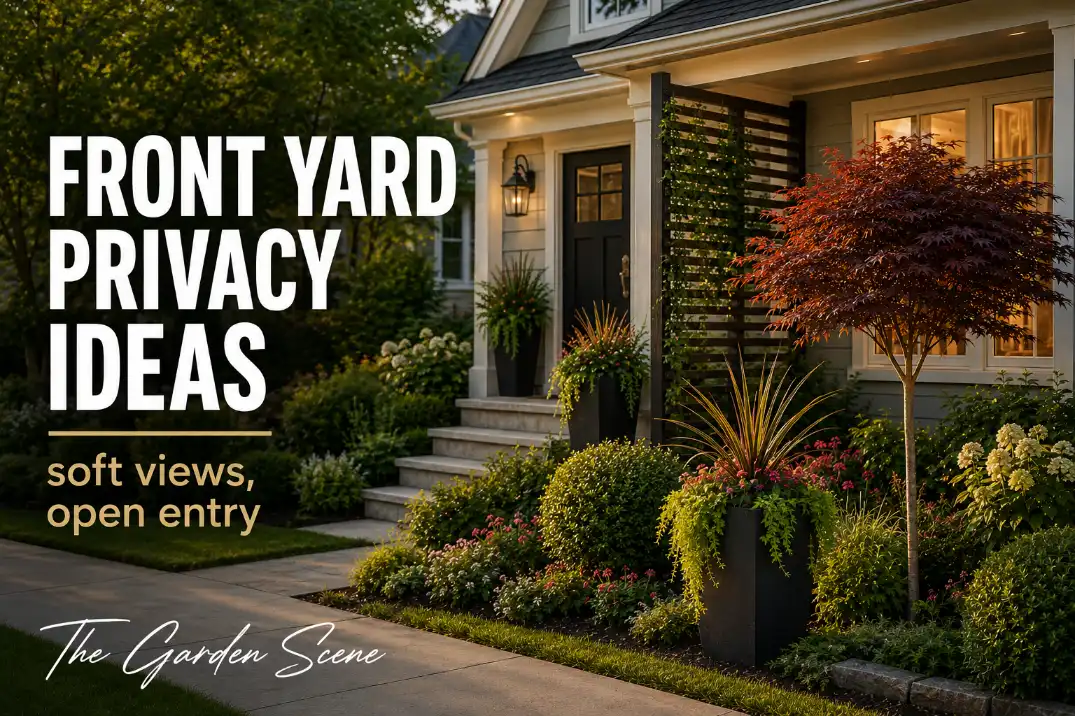Front yard privacy ideas without a fence using layered shrubs, planters, and small trees while keeping the entry visible.