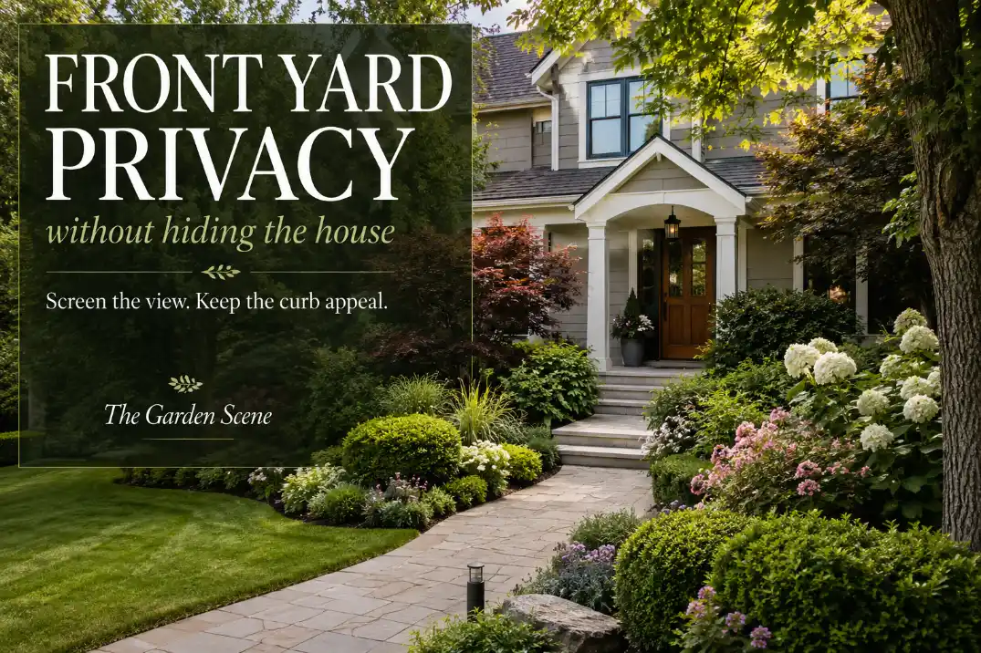 Front yard landscaping with layered shrubs and small trees adding privacy without hiding the house or blocking the front entry.