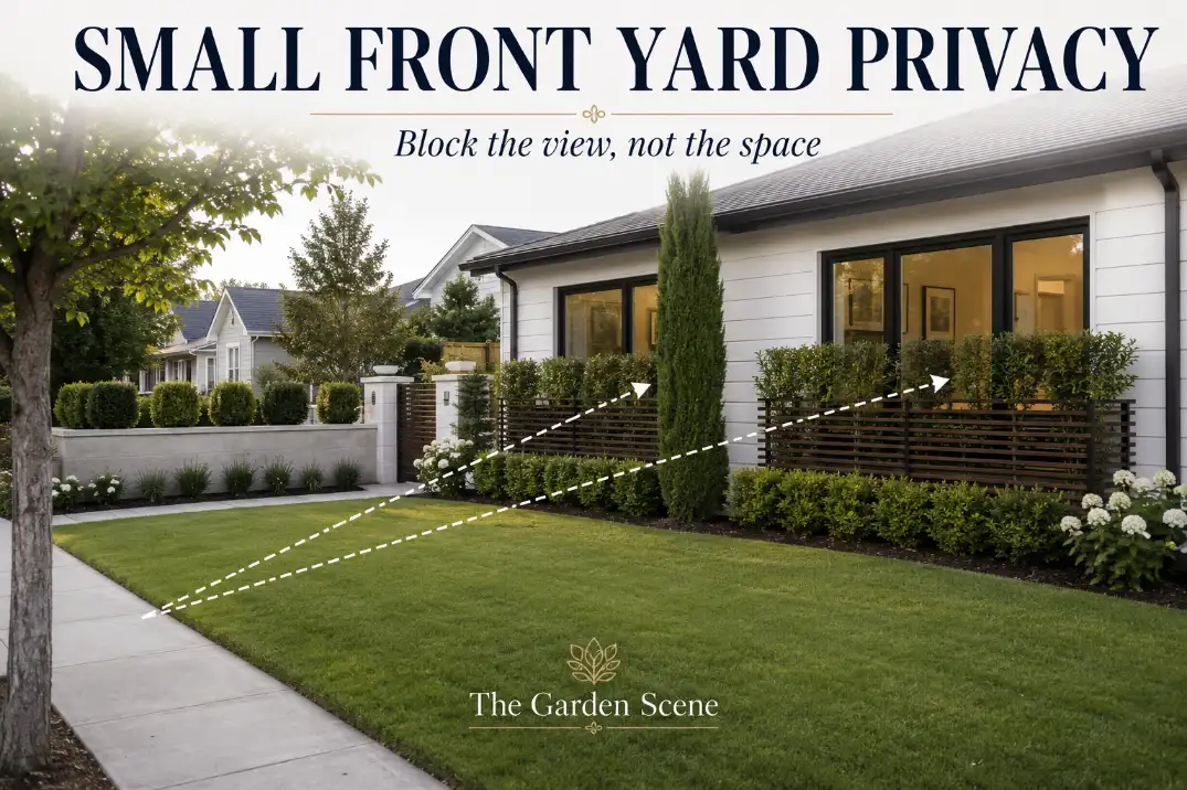 Small front yard privacy design with planter screens, half-height shrubs, and open center space blocking sidewalk views without shrinking the yard.