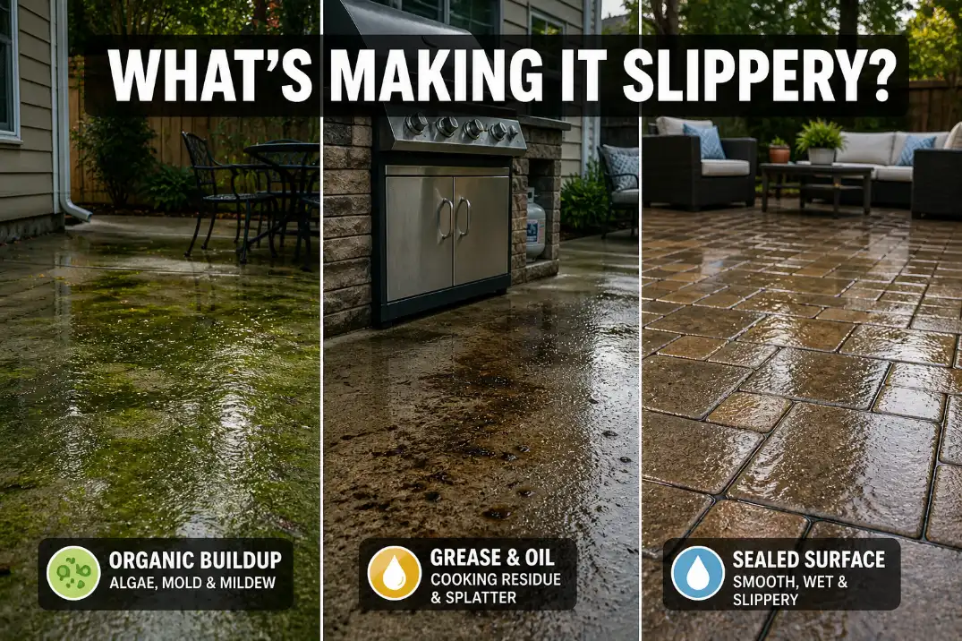 Wet backyard patio showing algae, grill residue, and slick sealed pavers to compare the right non-slip cleaner or treatment for a slippery patio.