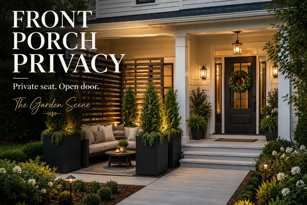 Front porch privacy idea with tall planters and a side screen creating a private seating area while the front door stays open.