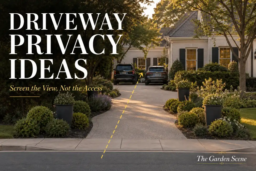 Driveway privacy ideas for an open front yard showing a street sightline, tall planters, and staggered shrubs that screen the view without blocking access.