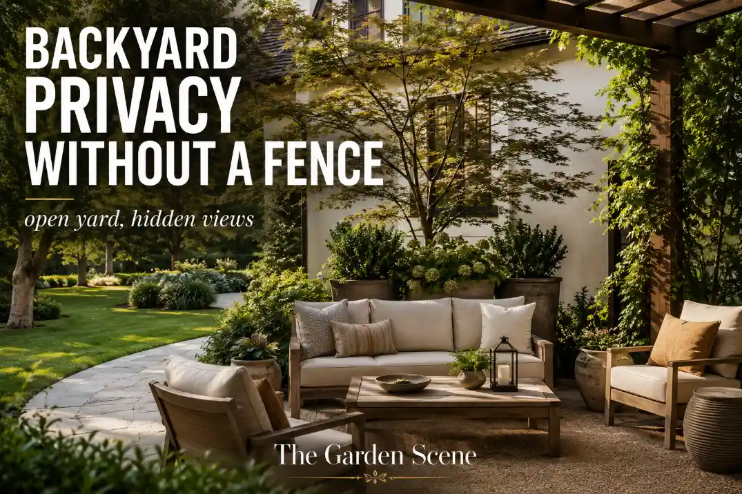 Backyard privacy without a fence using pergola planting, tall planters, and a small tree to soften neighbor views while keeping the yard open.