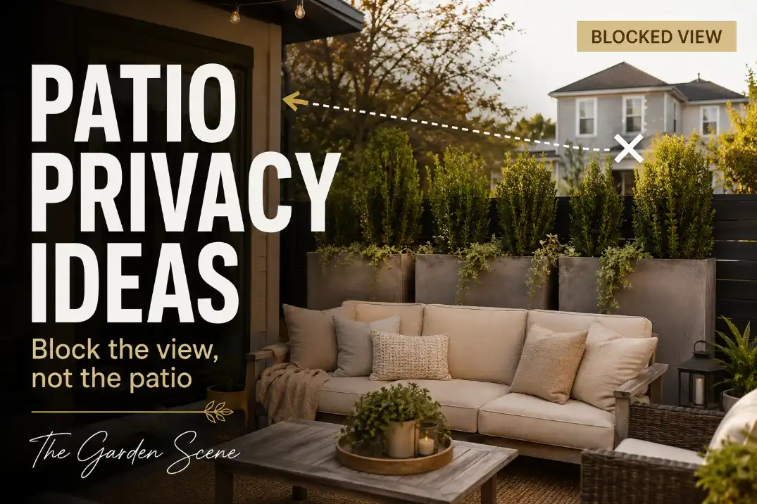 Patio seating area with a planter wall behind the sofa and editorial text showing patio privacy ideas for a more secluded outdoor space.