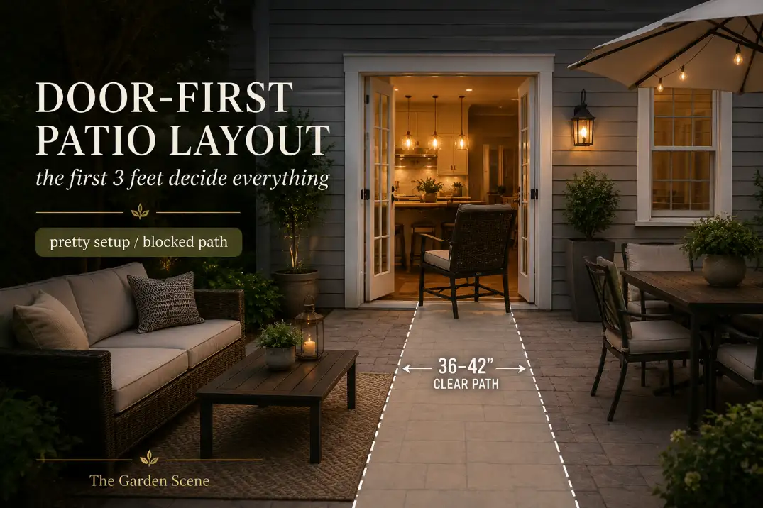 Back patio layout where the back door opens directly into seating with a highlighted 36 to 42 inch clear walking path.