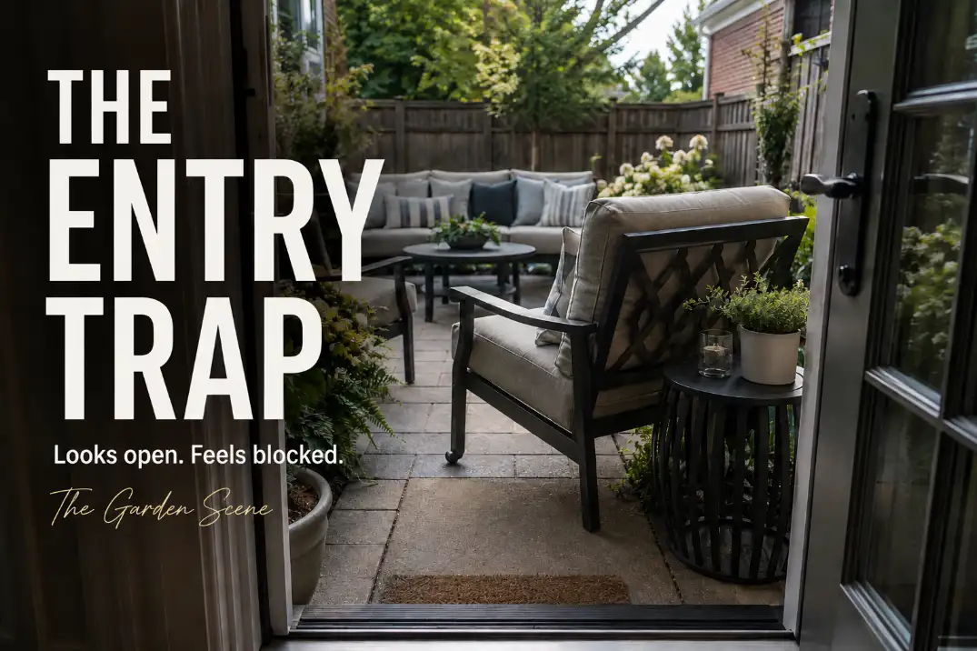 Back door patio entry blocked by furniture with bold text showing how a patio can look open but feel hard to use.