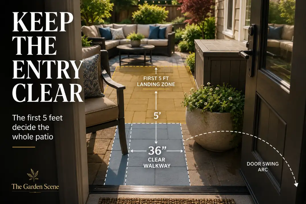 Small patio entry blocked by furniture and storage with a 36-inch clear walkway and first 5-foot landing zone highlighted.