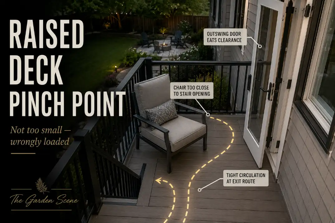 Raised deck near a back door showing stairs and furniture crowding the landing and blocking the clear route.